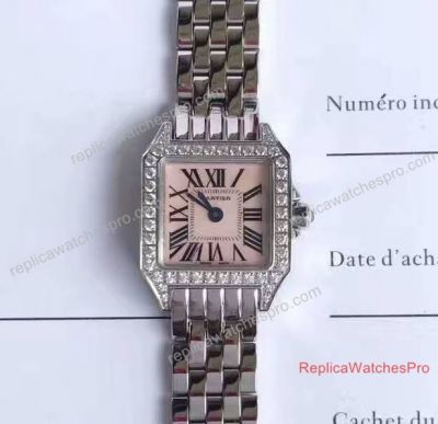 Swiss Quartz Replica Cartier Santos Demoiselle Ladies Watch Pink MOP Diamond Bezel